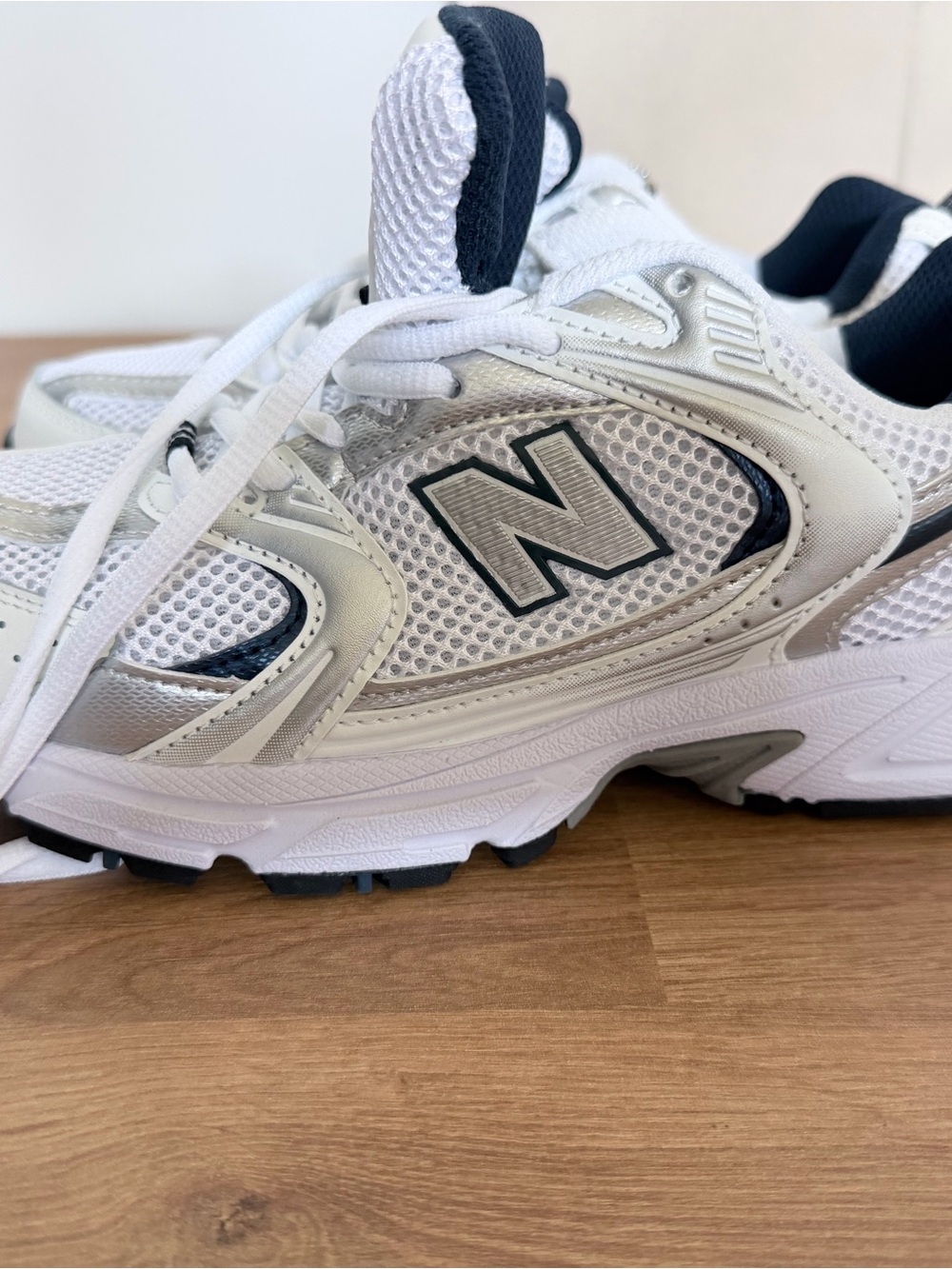 New Balance Kids White Silver Navy Mesh Sneakers